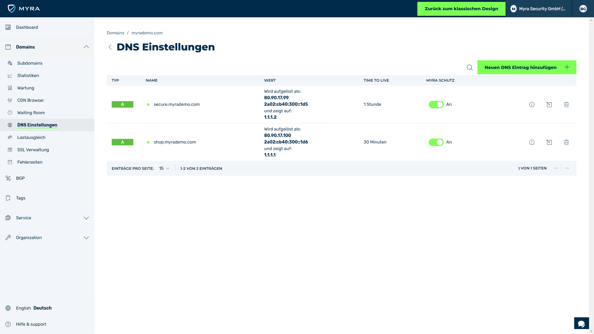 Screenshot des Bereichs "DNS-Einstellungen" in der Myra App