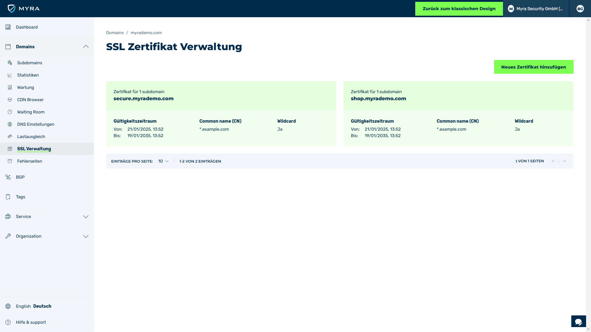 Screenshot des Bereichs "TLS/SSL Management" in der Myra App