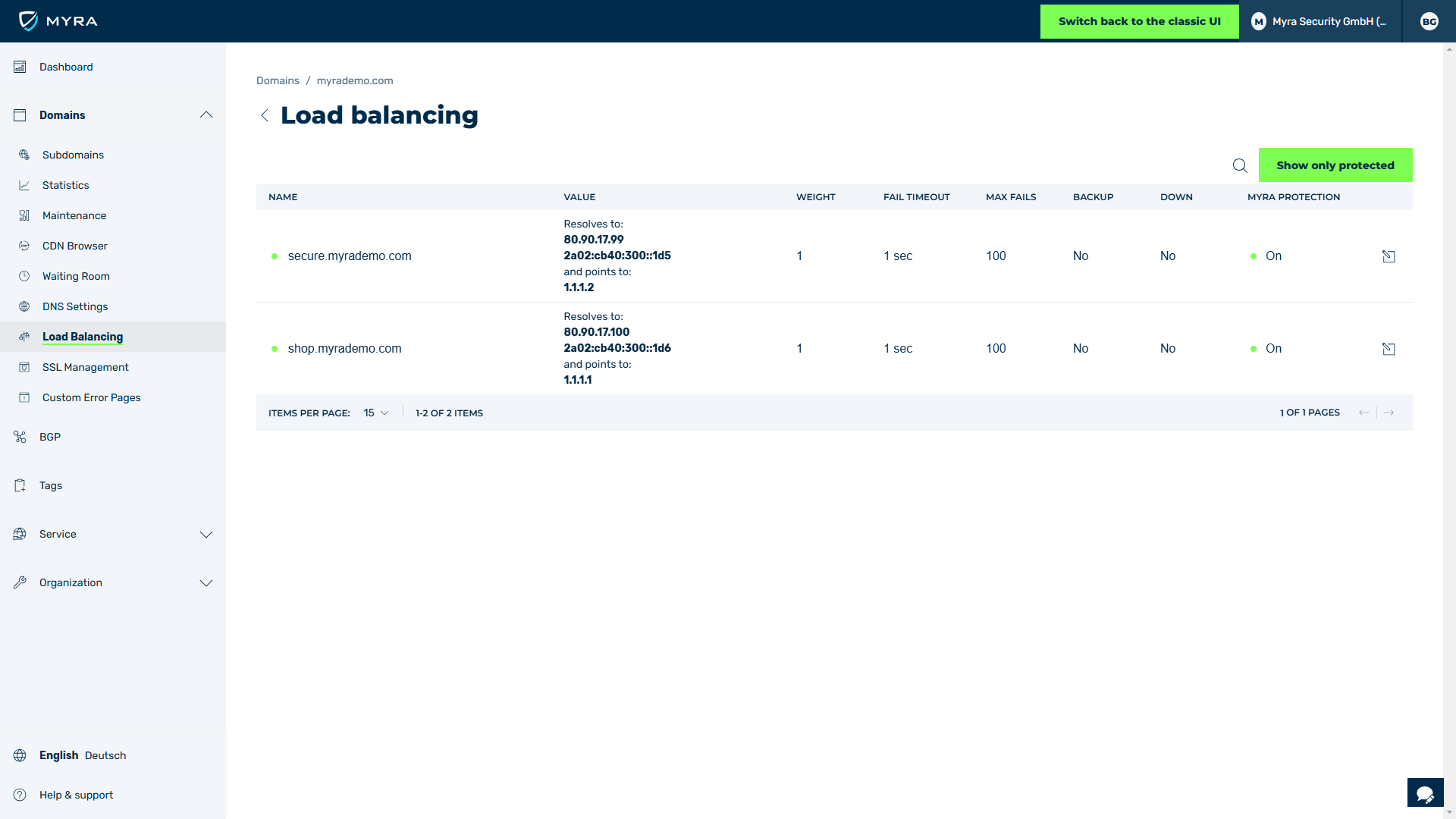 Screenshot of the "Load balancing" section in the Myra app