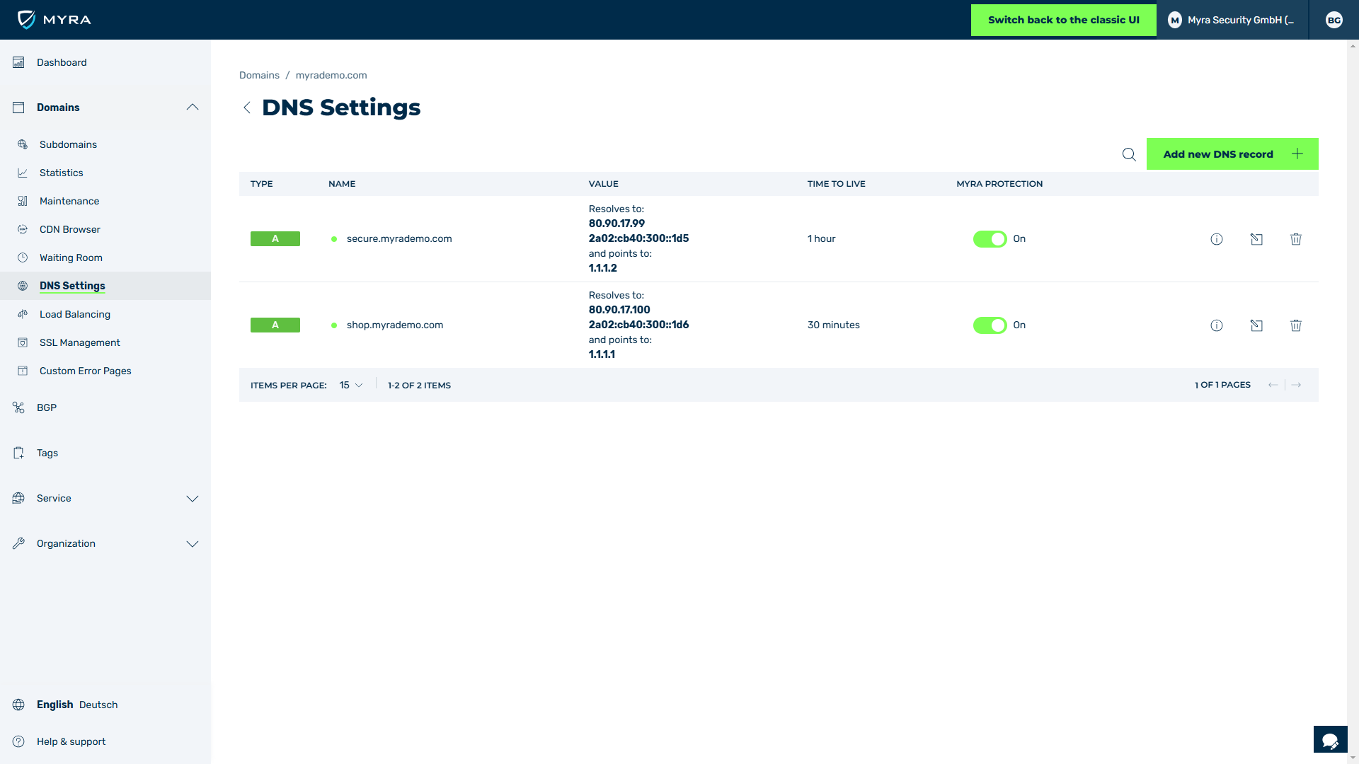 Screenshot of the "DNS Settings" section in the Myra app