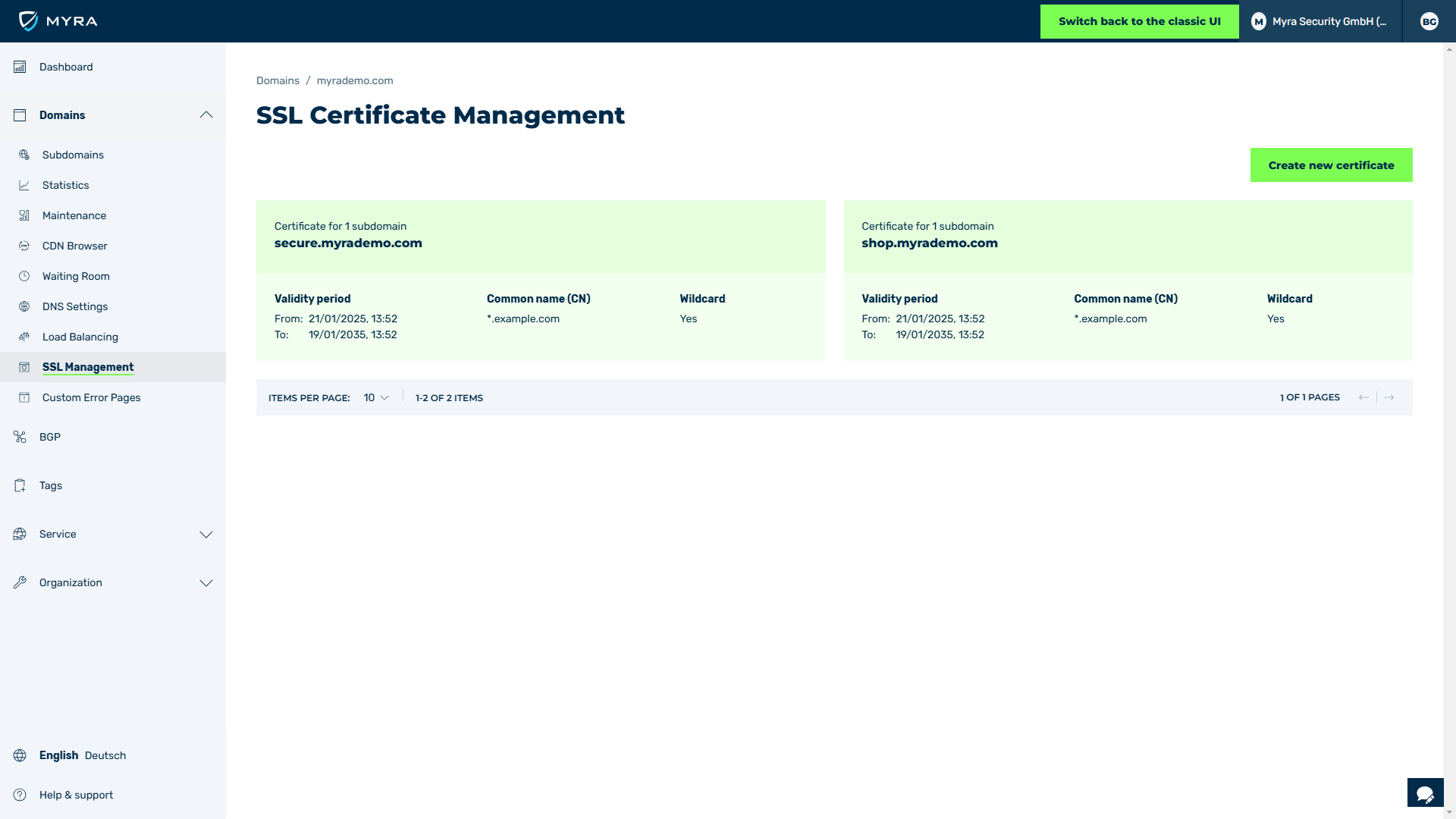 Screenshot of the "TLS/SSL management" section in the Myra app